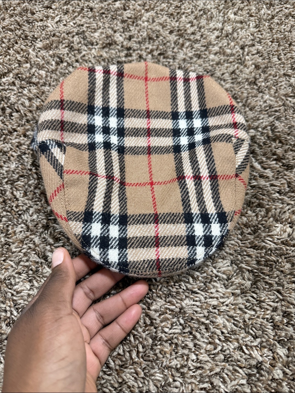 Burberry Wool Classic Tan Plaid Newsboy Cap with Black & Red Check Sz L